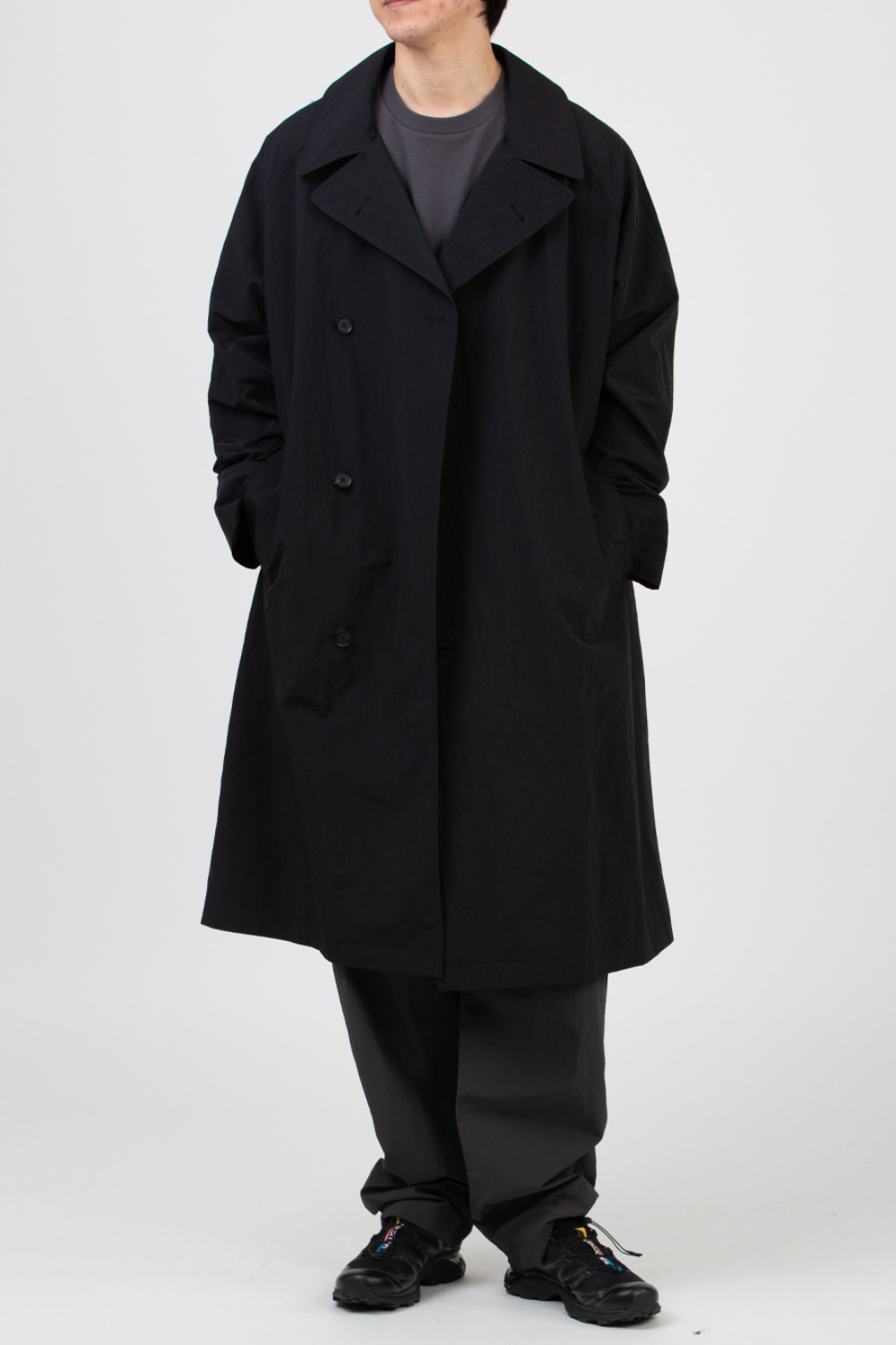 RECYCLE NYLON DOUBLE BREASTED COAT BLACK